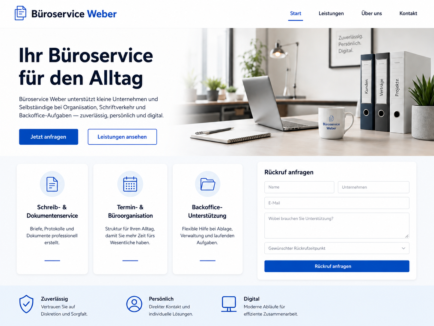 Beispielhafte Firmenwebsite mit Hero, Navigation und Anfrageformular